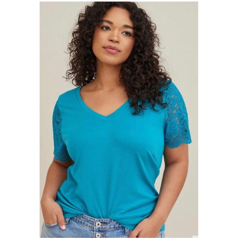 torrid Teal V-Neck Tee with Lace Short Sleeves